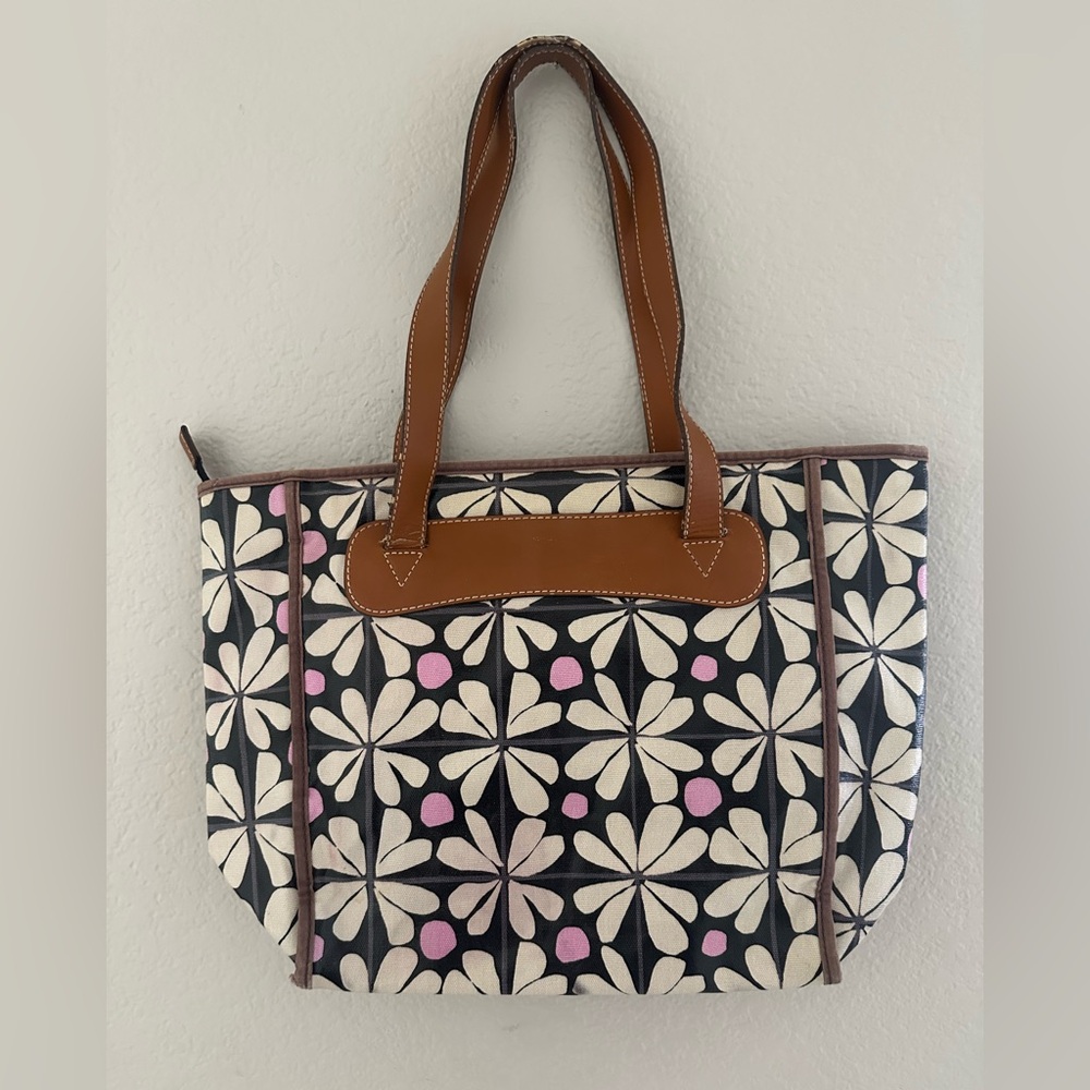 FOSSIL Floral Patterned Tote Bag with Brown Accents Purse